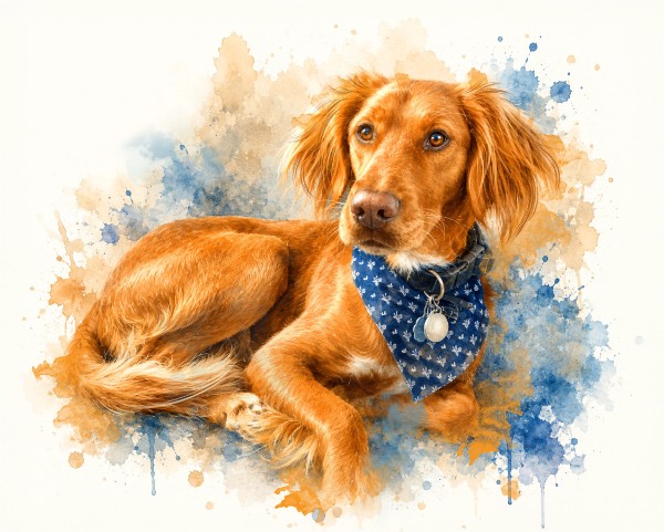 Watercolor portrait of Trevor, Brittany's dog